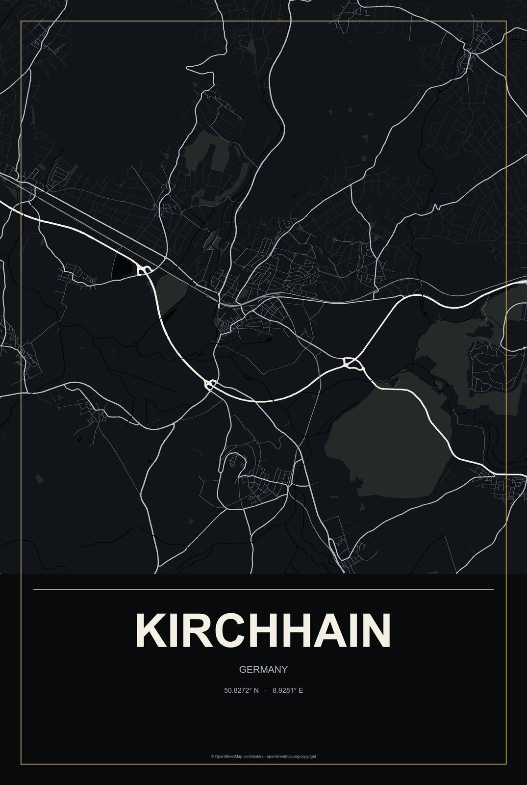 Kirchhain, Germany City Map Aluminum Sign in Metropolitan Noir style