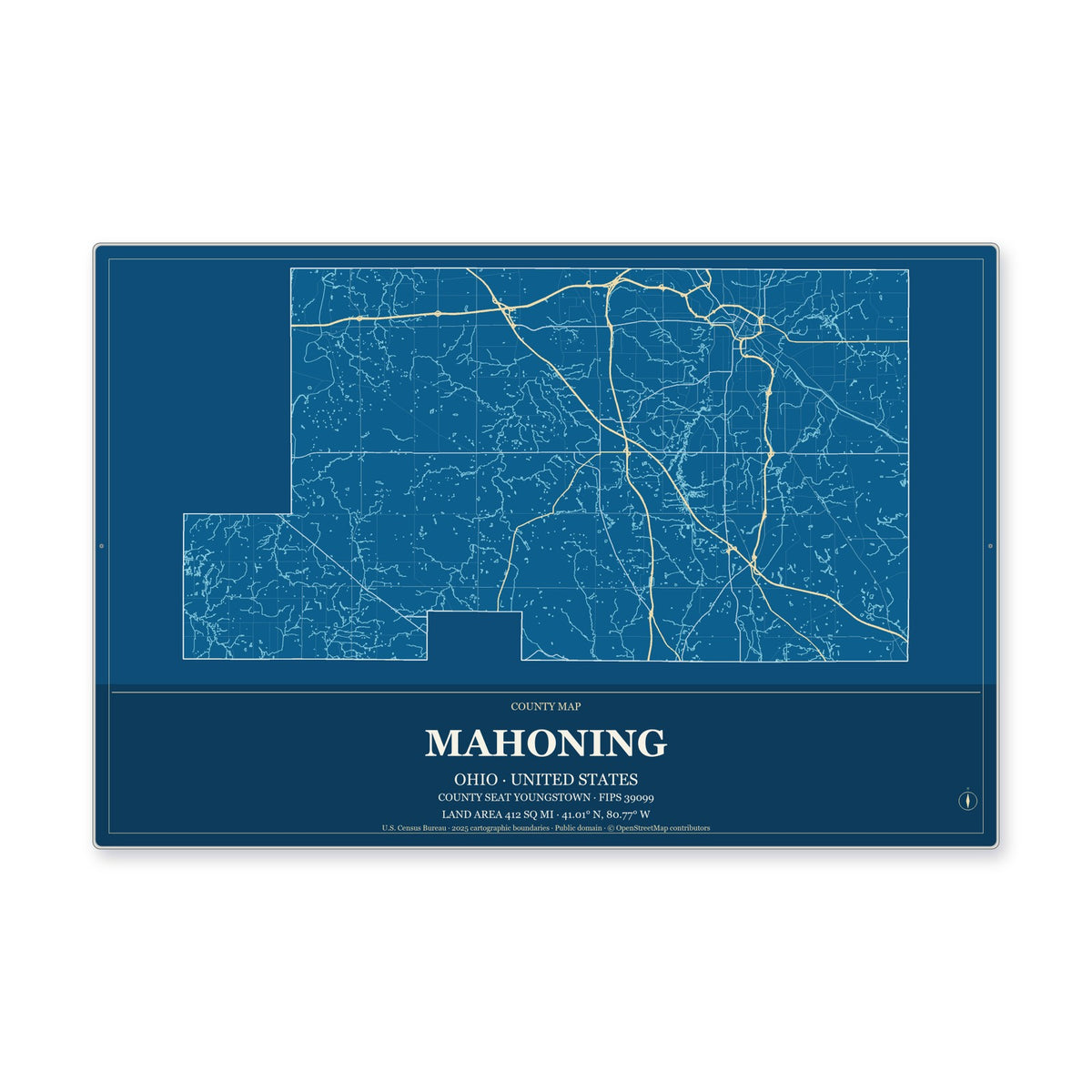 Mahoning County, Ohio Map Aluminum Sign in Harbor Cobalt style