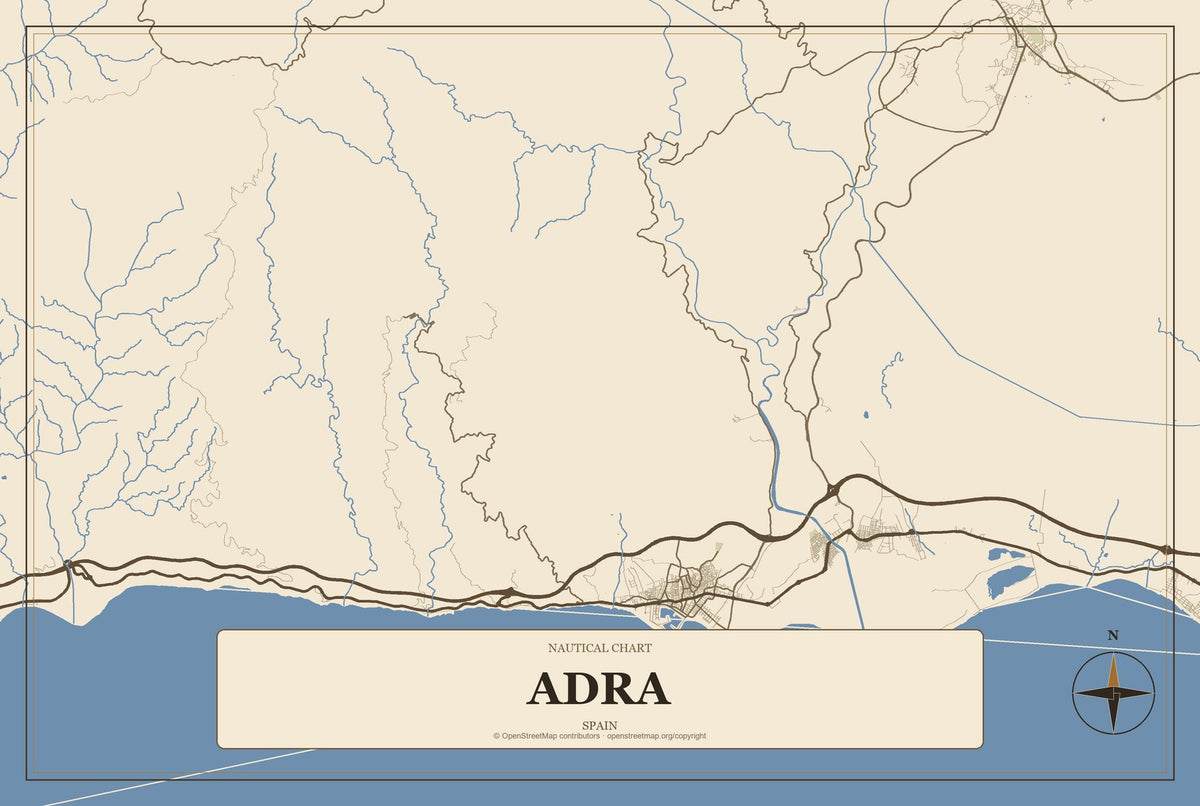 Adra, Spain City Map Aluminum Sign in Heritage Nautical style