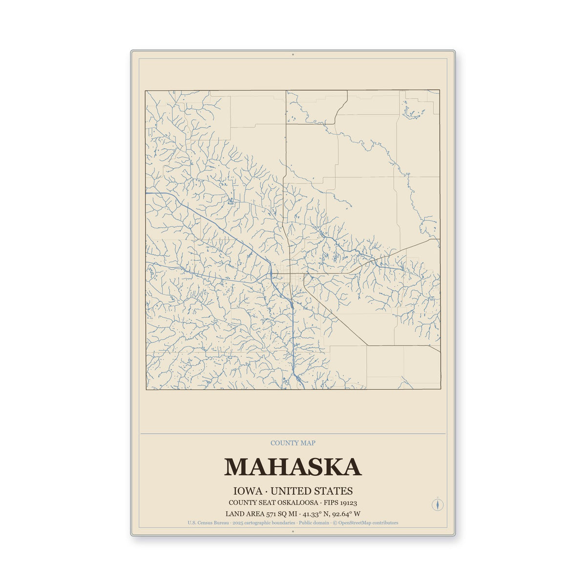 Mahaska County, Iowa Map Aluminum Sign in Heritage Nautical style
