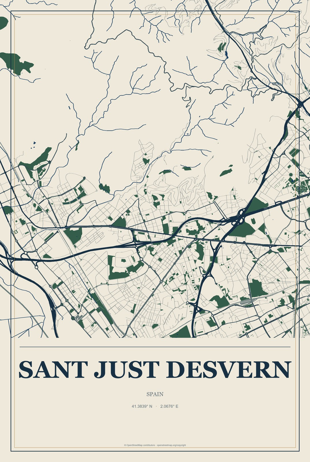 Sant Just Desvern, Spain City Map Aluminum Sign in Coastal Cutout style
