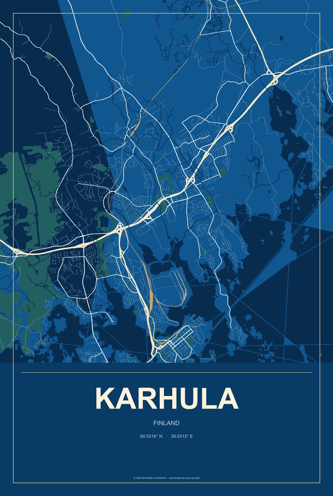 Karhula, Finland City Map Aluminum Sign in Harbor Cobalt style