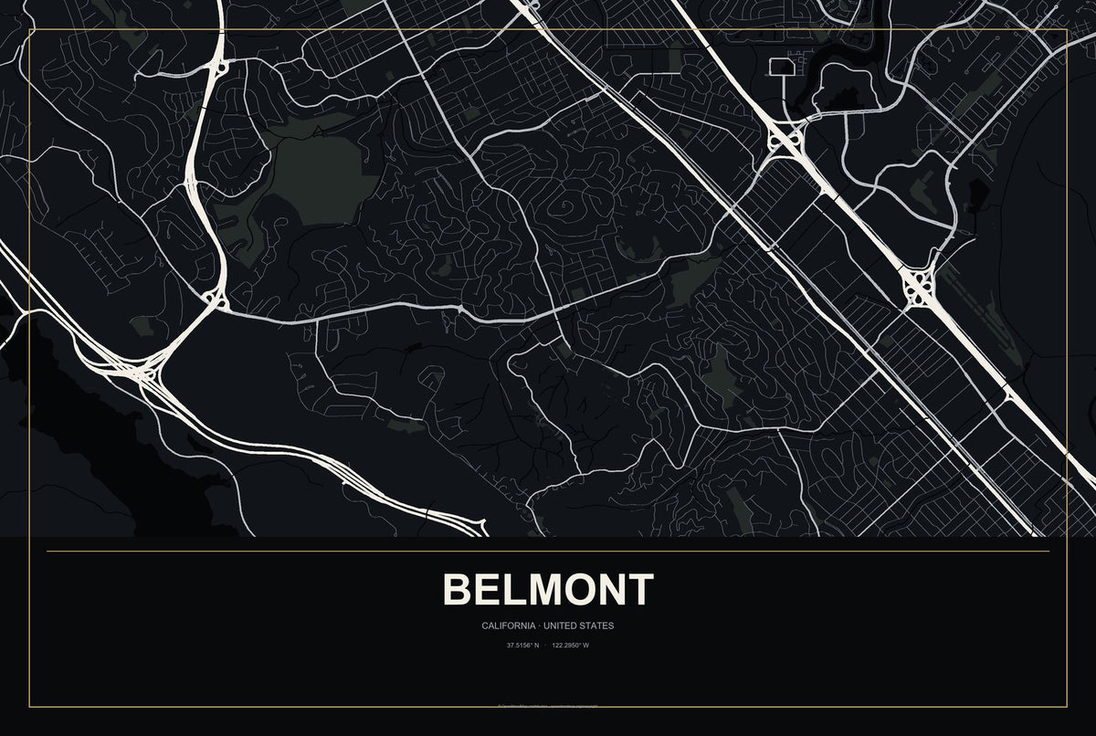 Belmont, California City Map Aluminum Sign in Metropolitan Noir style