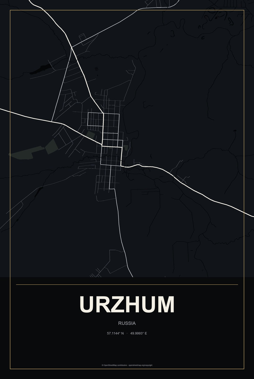 Urzhum, Russia City Map Aluminum Sign in Metropolitan Noir style
