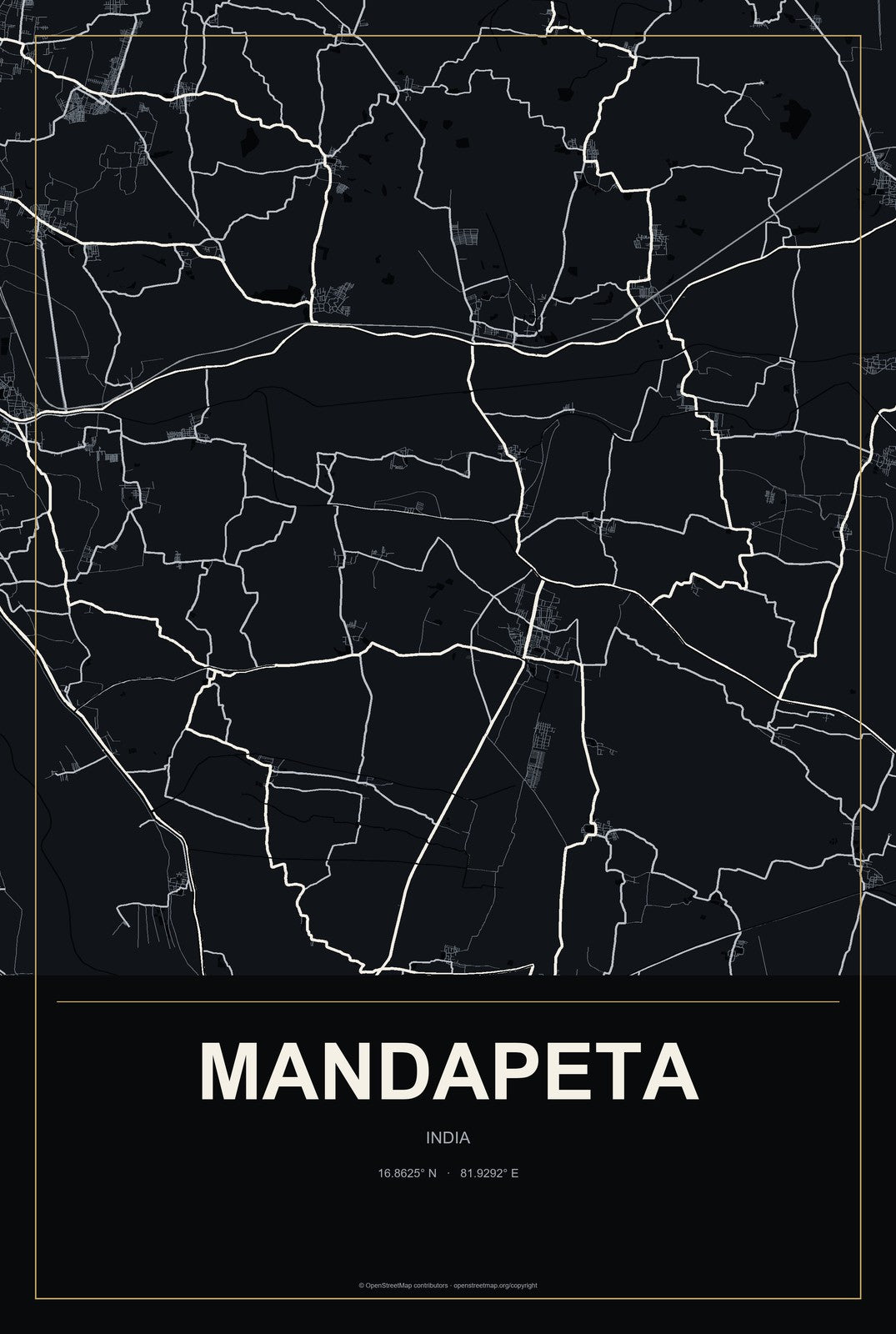 Mandapeta, India City Map Aluminum Sign in Metropolitan Noir style