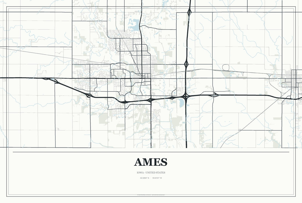 Ames, Iowa City Map Aluminum Sign in Gallery Air style