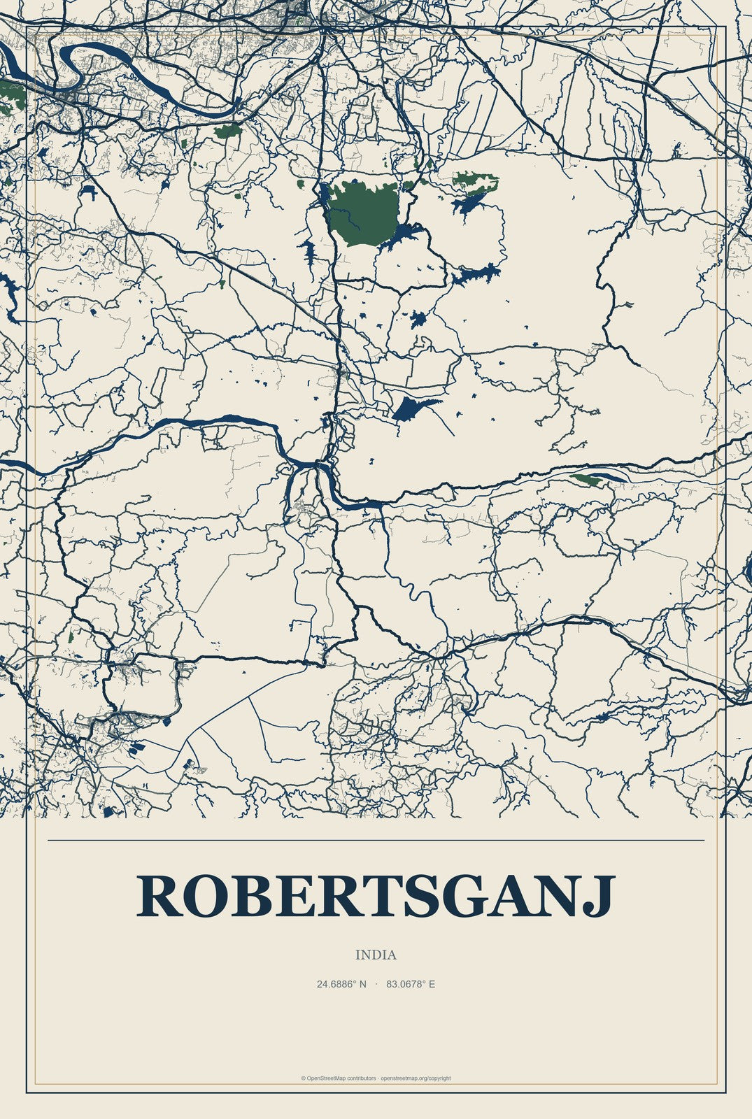 Robertsganj, India City Map Aluminum Sign in Coastal Cutout style