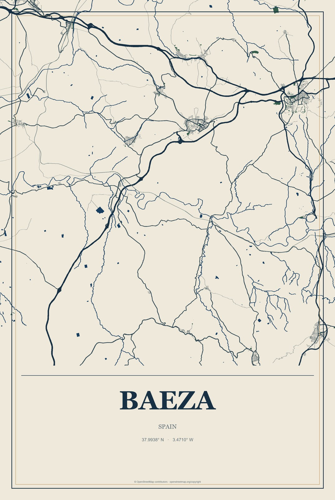 Baeza, Spain City Map Aluminum Sign in Coastal Cutout style