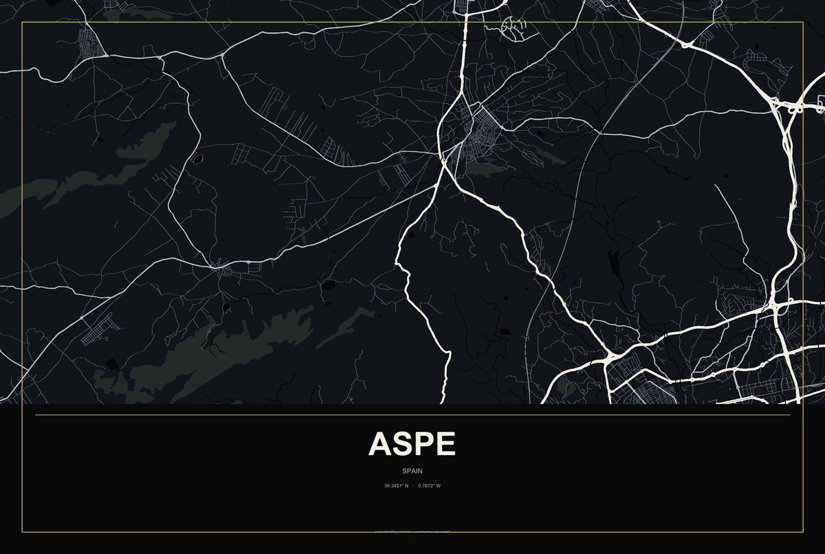 Aspe, Spain City Map Aluminum Sign in Metropolitan Noir style