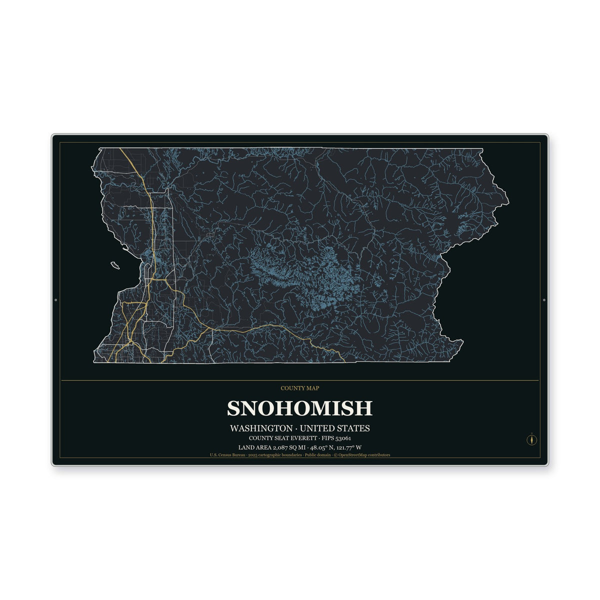 Snohomish County, Washington Map Aluminum Sign in Metropolitan Noir style