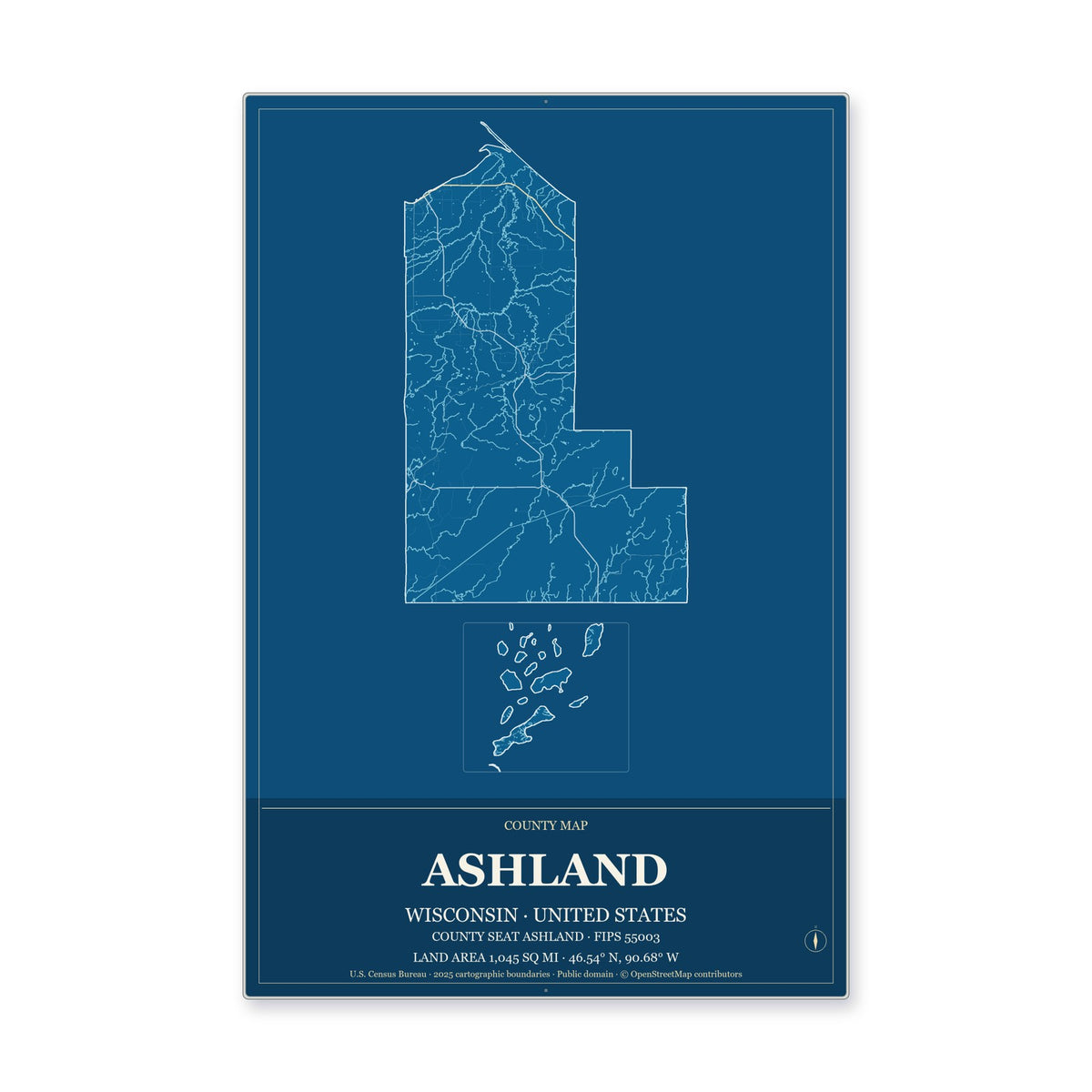 Ashland County, Wisconsin Map Aluminum Sign in Harbor Cobalt style