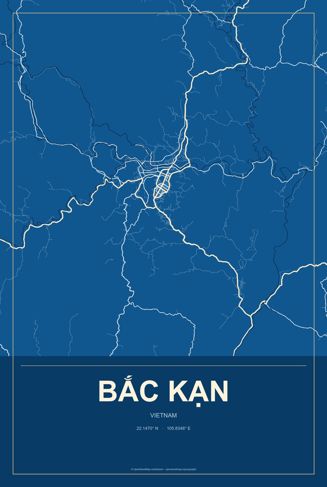 Bắc Kạn, Vietnam City Map Aluminum Sign in Harbor Cobalt style
