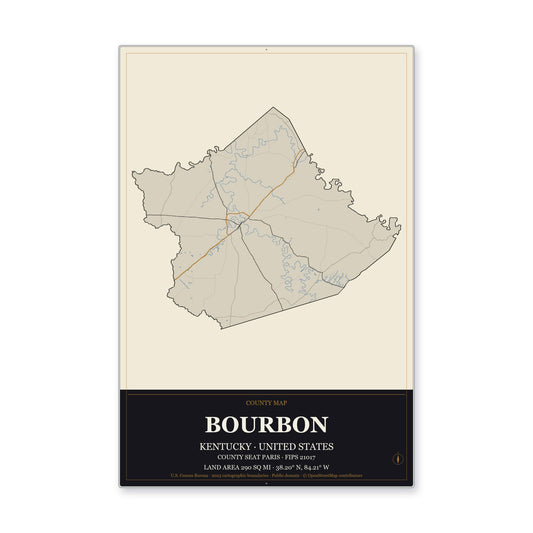 Bourbon County, Kentucky Map Aluminum Sign in Museum Plaque style