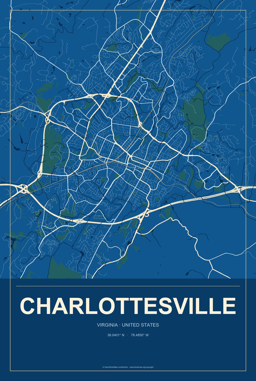 Charlottesville, Virginia City Map Aluminum Sign in Harbor Cobalt style