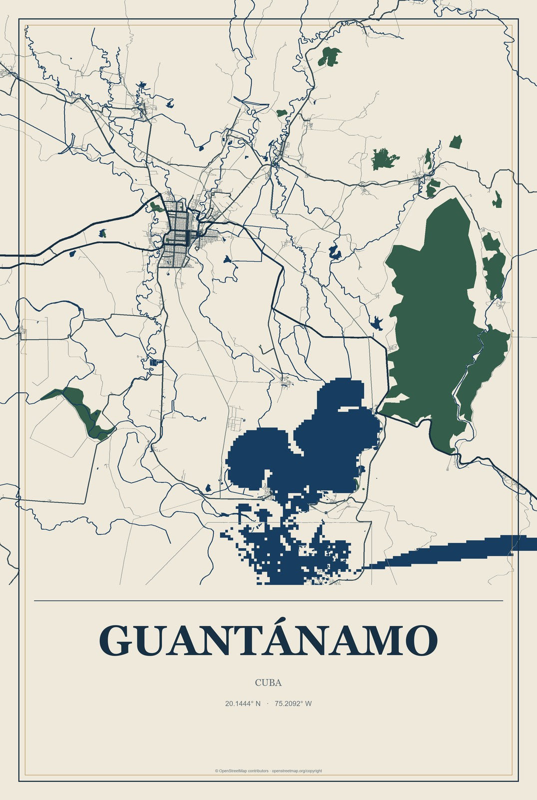Guantánamo, Cuba City Map Aluminum Sign in Coastal Cutout style