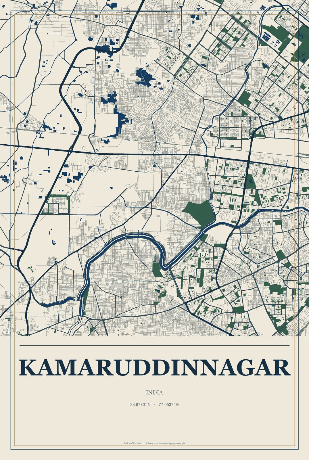 Kamaruddinnagar, India City Map Aluminum Sign in Coastal Cutout style