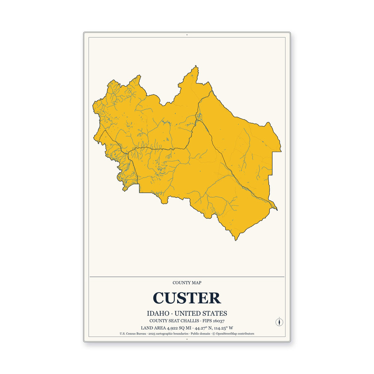 Custer County, Idaho Map Aluminum Sign in Citrine Modern style