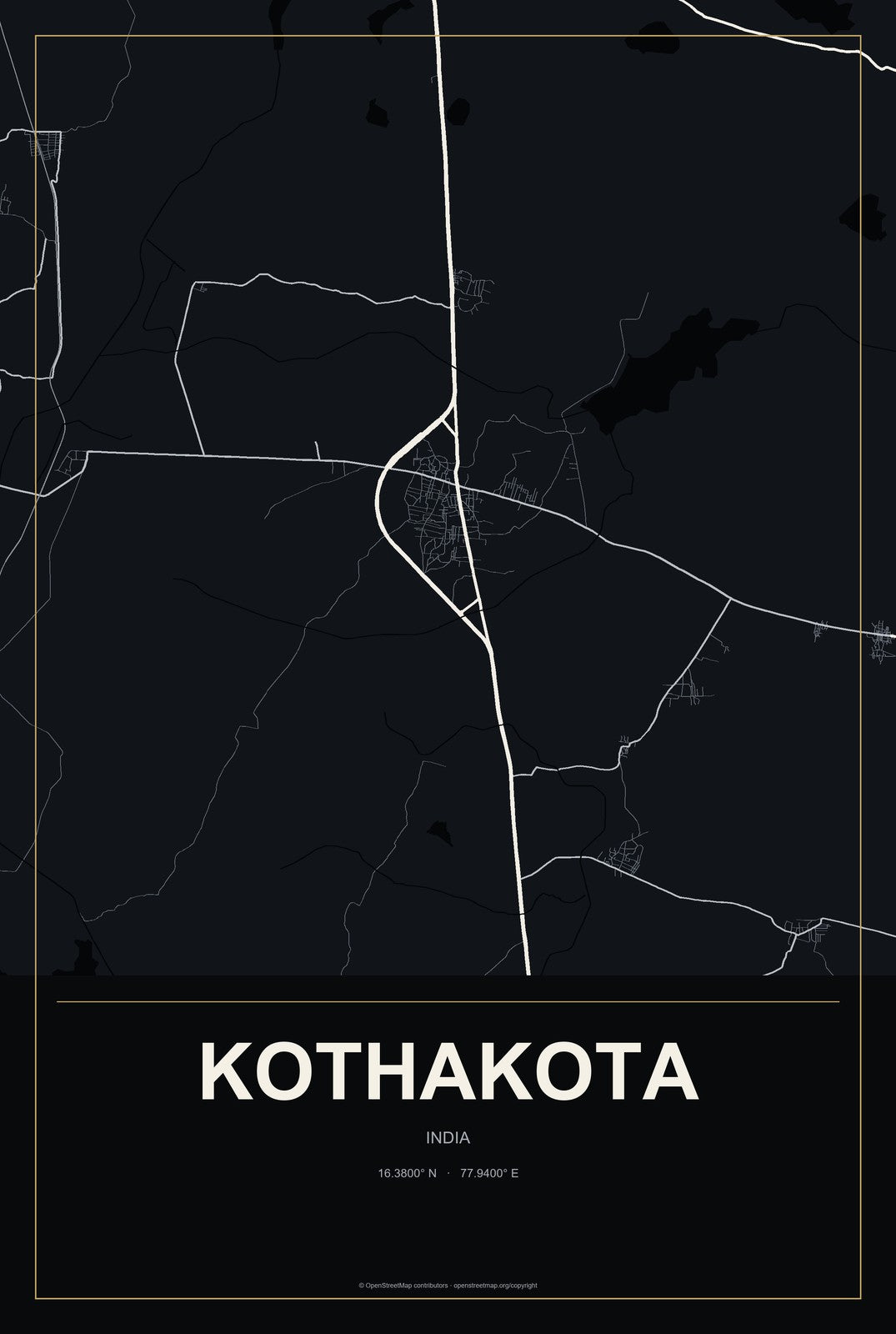 Kothakota, India City Map Aluminum Sign in Metropolitan Noir style