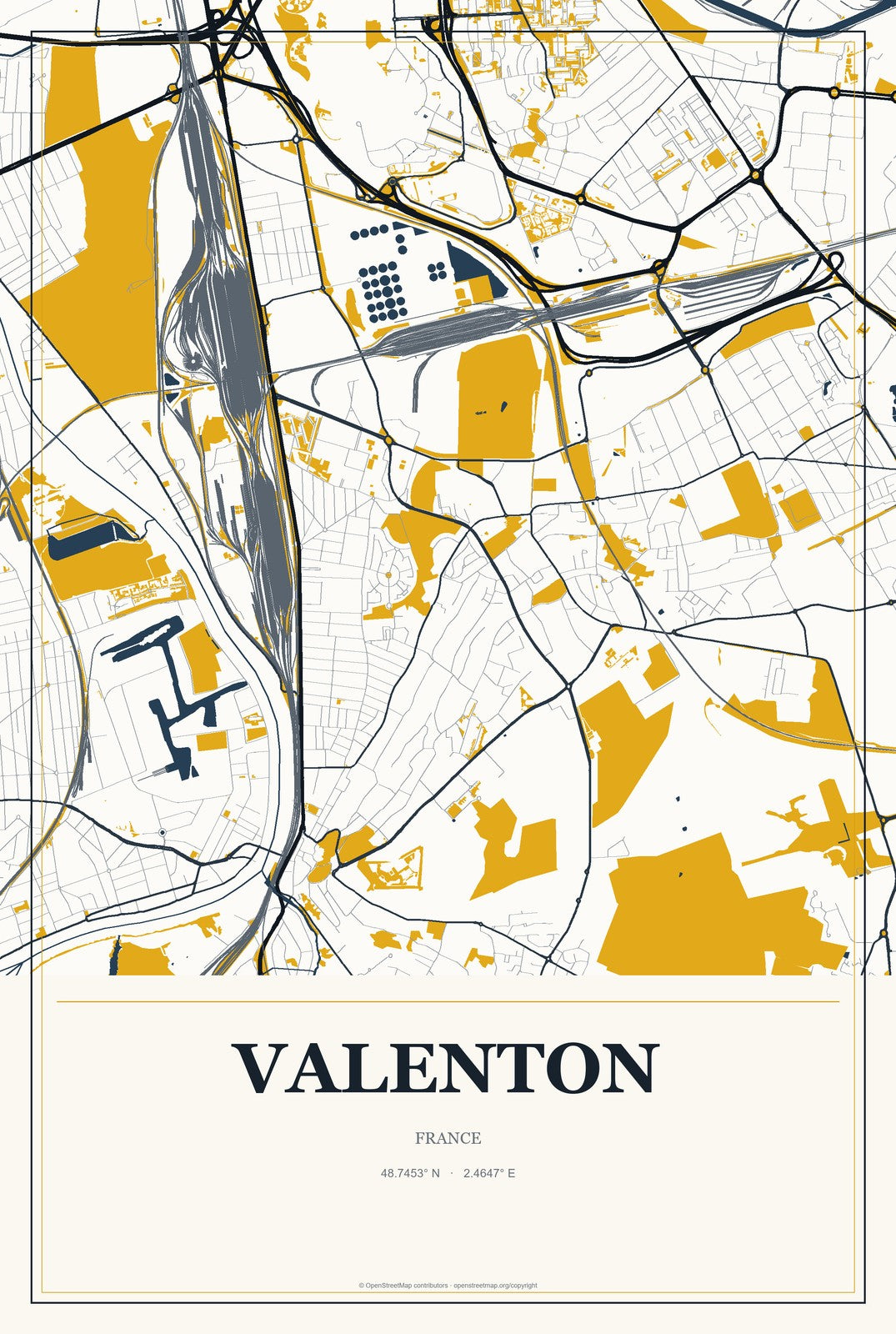 Valenton, France City Map Aluminum Sign in Citrine Modern style