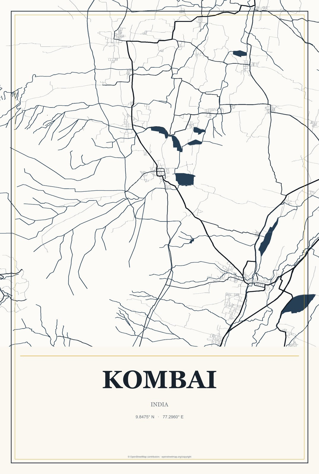 Kombai, India City Map Aluminum Sign in Citrine Modern style