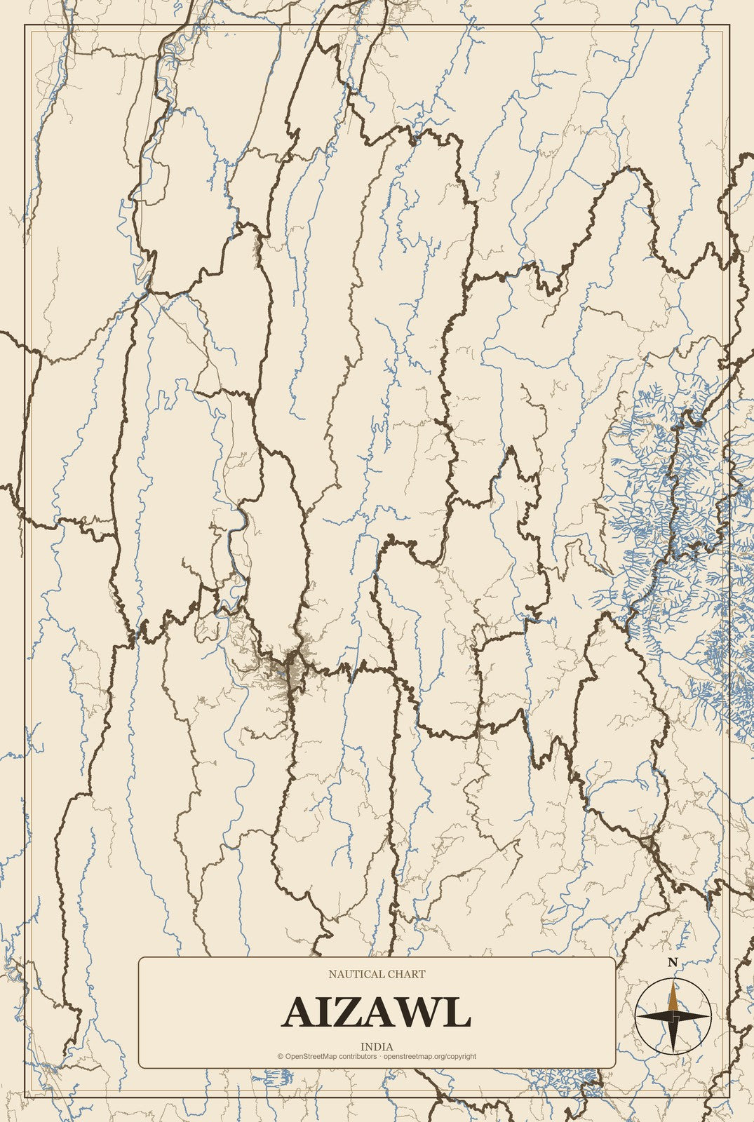 Aizawl, India City Map Aluminum Sign in Heritage Nautical style
