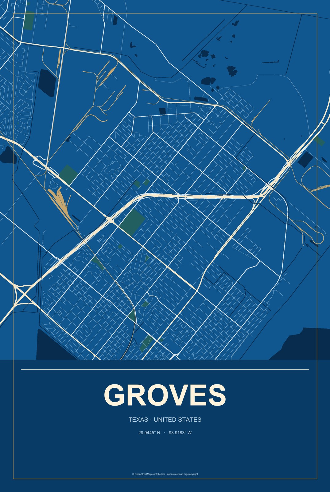 Groves, Texas City Map Aluminum Sign in Harbor Cobalt style