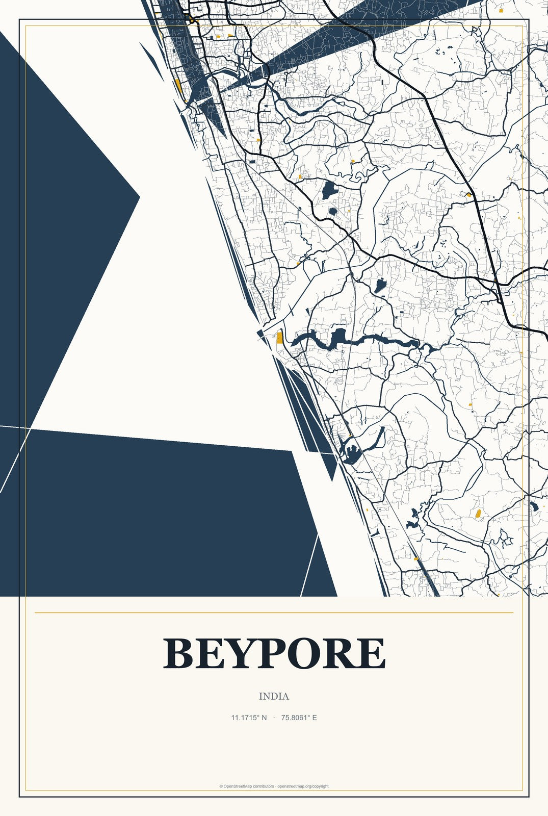 Beypore, India City Map Aluminum Sign in Citrine Modern style