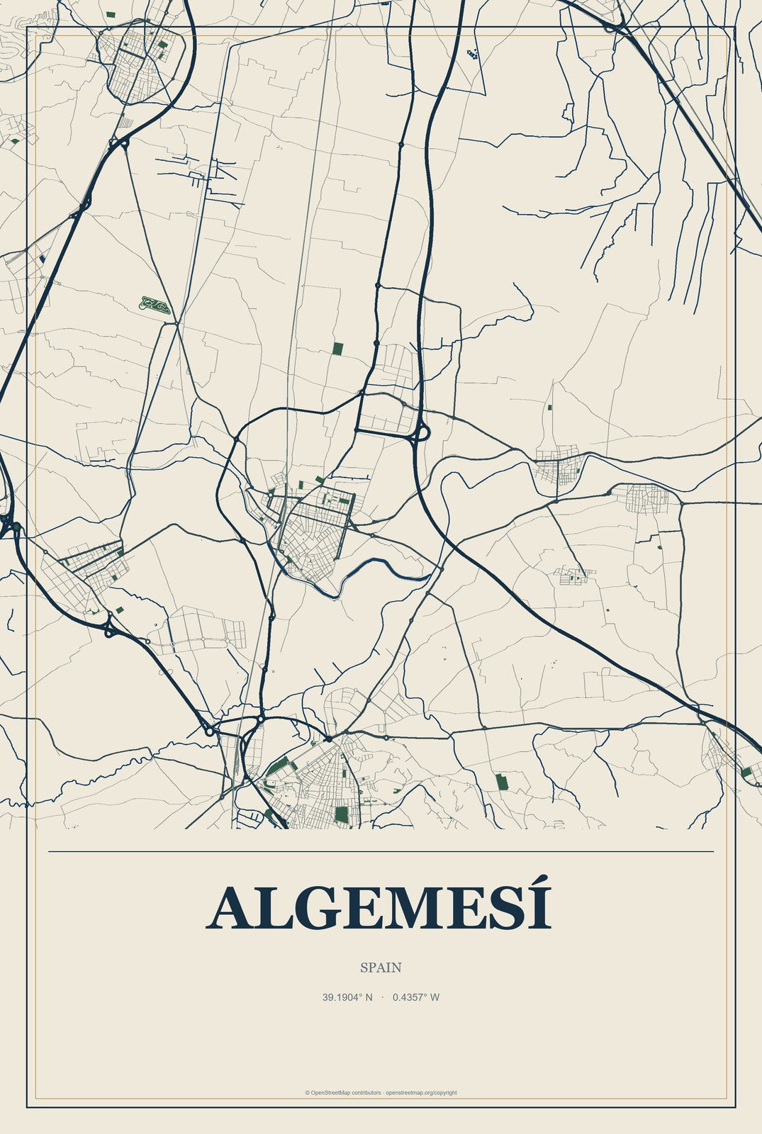 Algemesí, Spain City Map Aluminum Sign in Coastal Cutout style