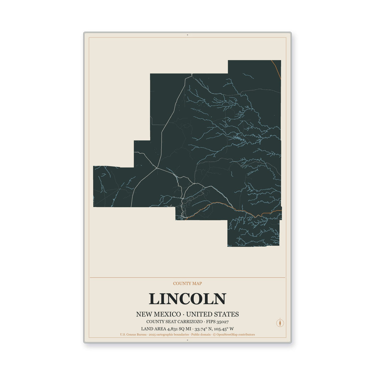Lincoln County, New Mexico Map Aluminum Sign in Headline Atlas style
