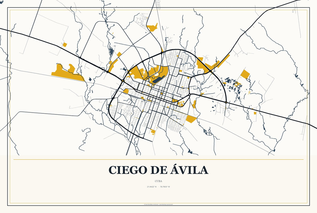 Ciego de Ávila, Cuba City Map Aluminum Sign in Citrine Modern style