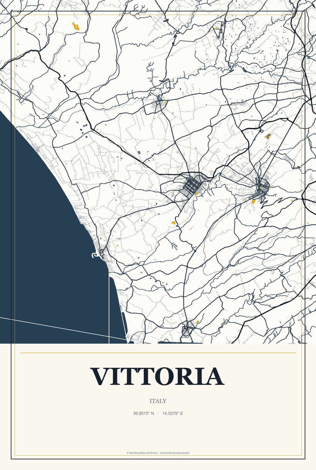 Vittoria, Italy City Map Aluminum Sign in Citrine Modern style