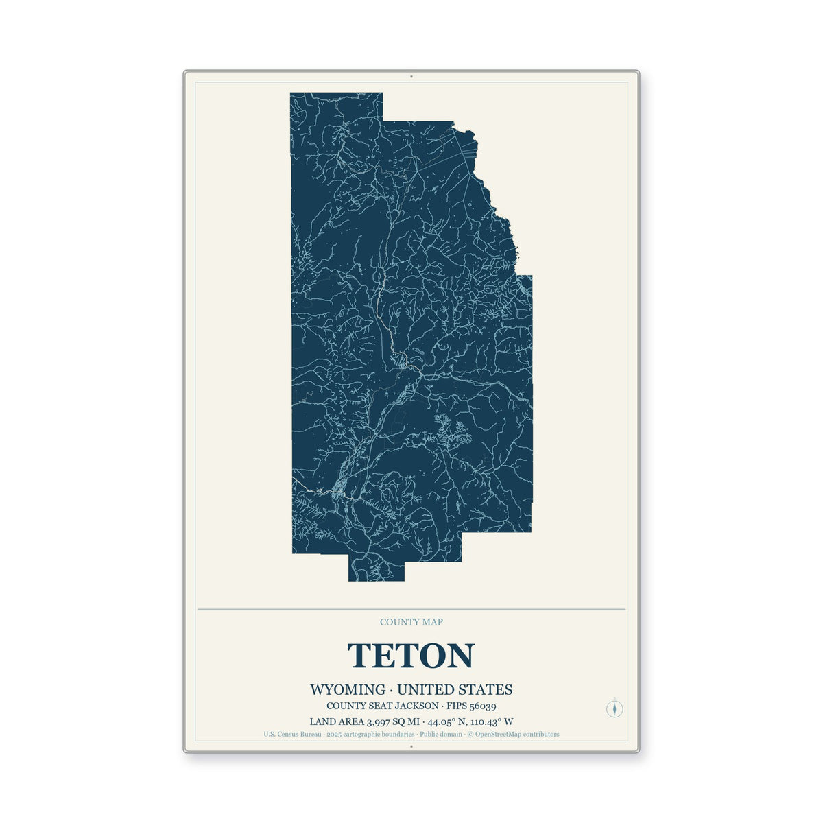 Teton County, Wyoming Map Aluminum Sign in Coastal Cutout style