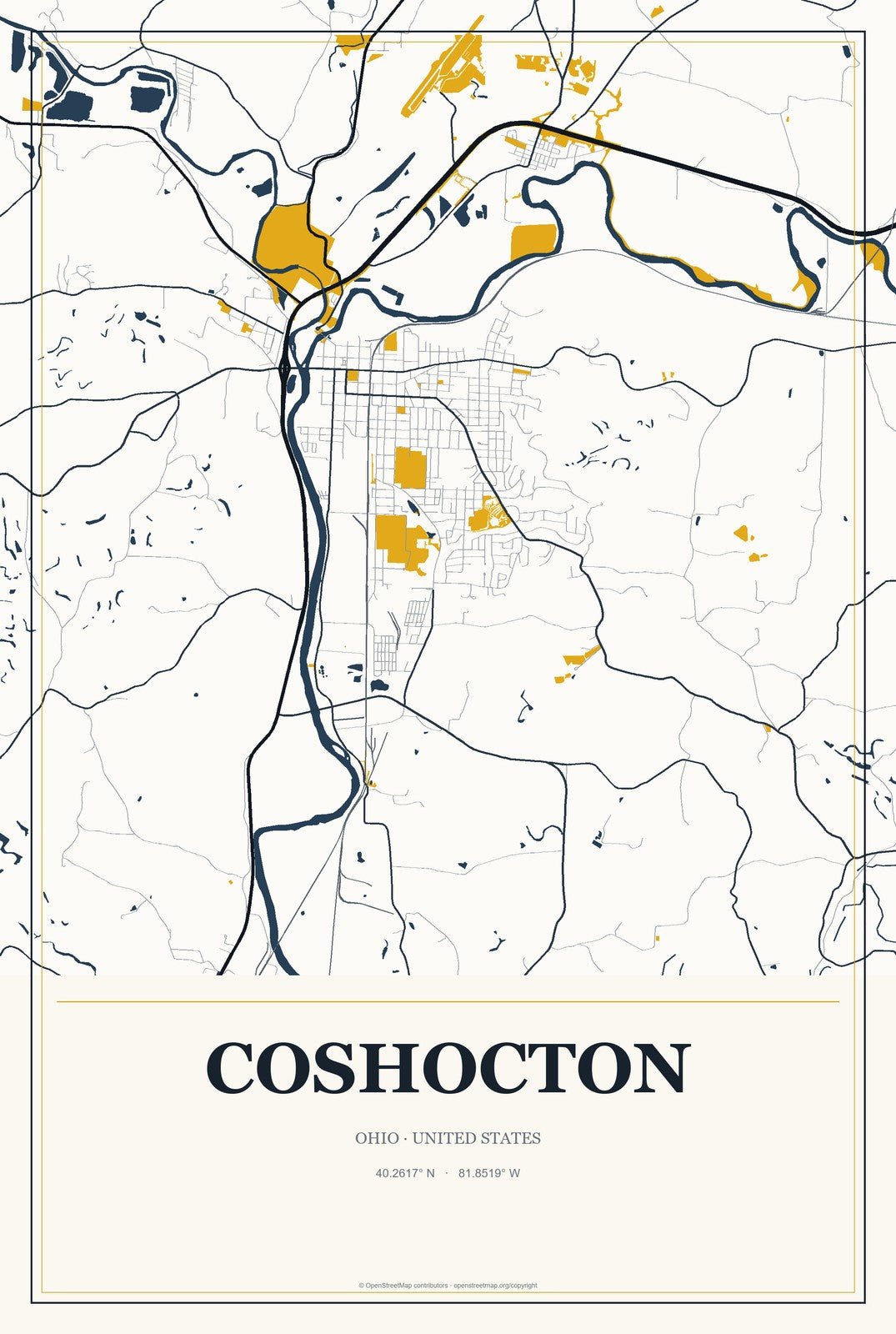 Coshocton, Ohio City Map Aluminum Sign in Citrine Modern style