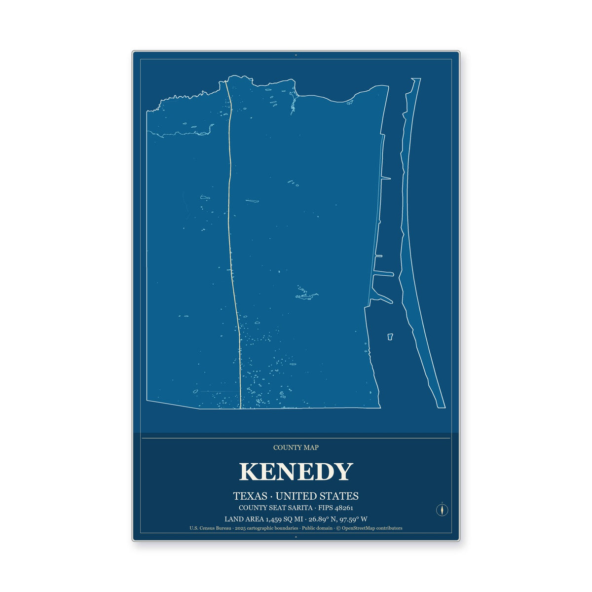 Kenedy County, Texas Map Aluminum Sign in Harbor Cobalt style