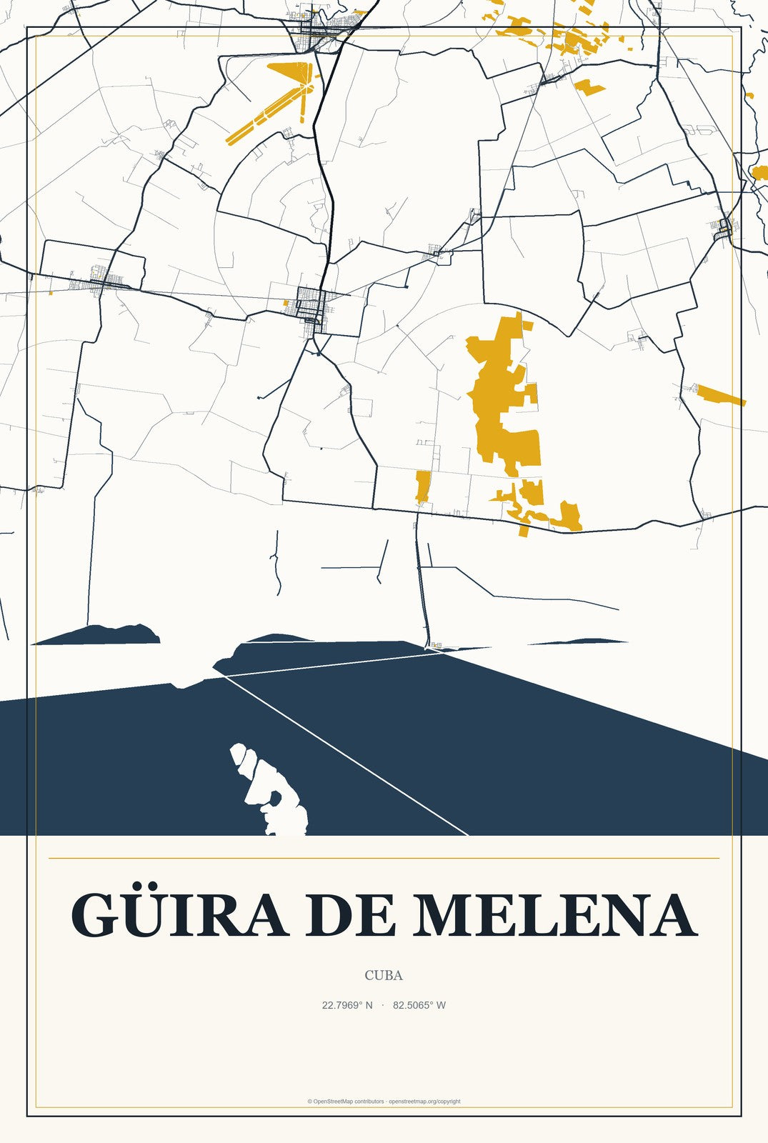 Güira de Melena, Cuba City Map Aluminum Sign in Citrine Modern style
