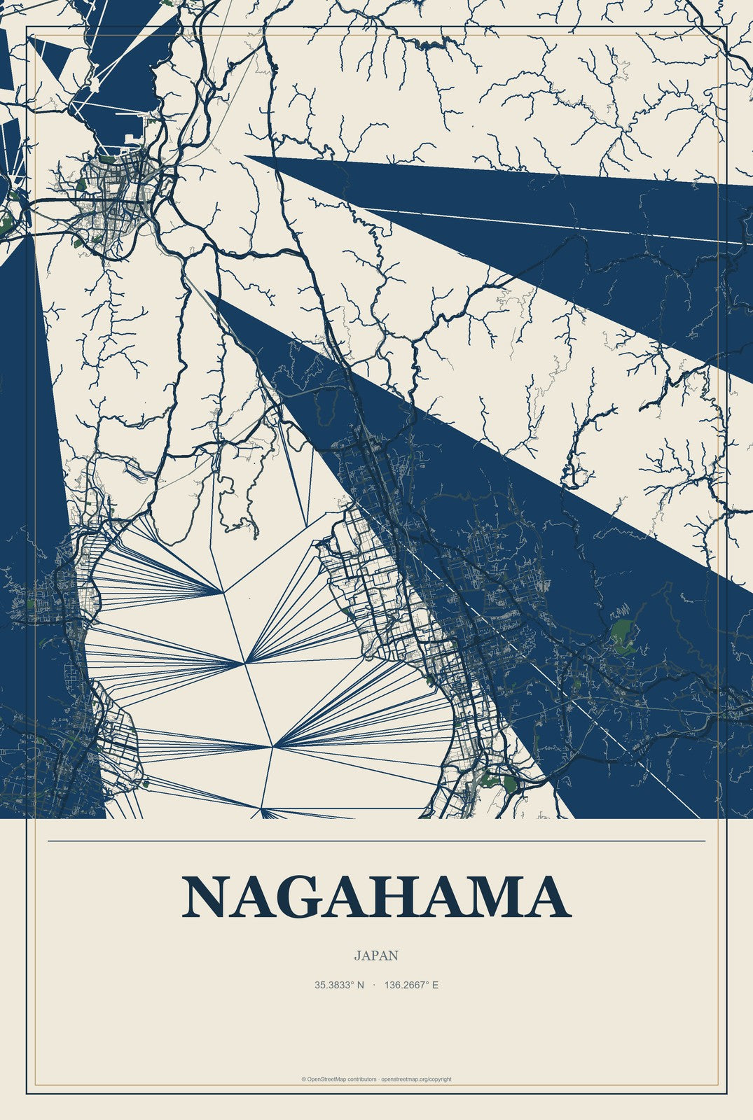 Nagahama, Japan City Map Aluminum Sign in Coastal Cutout style