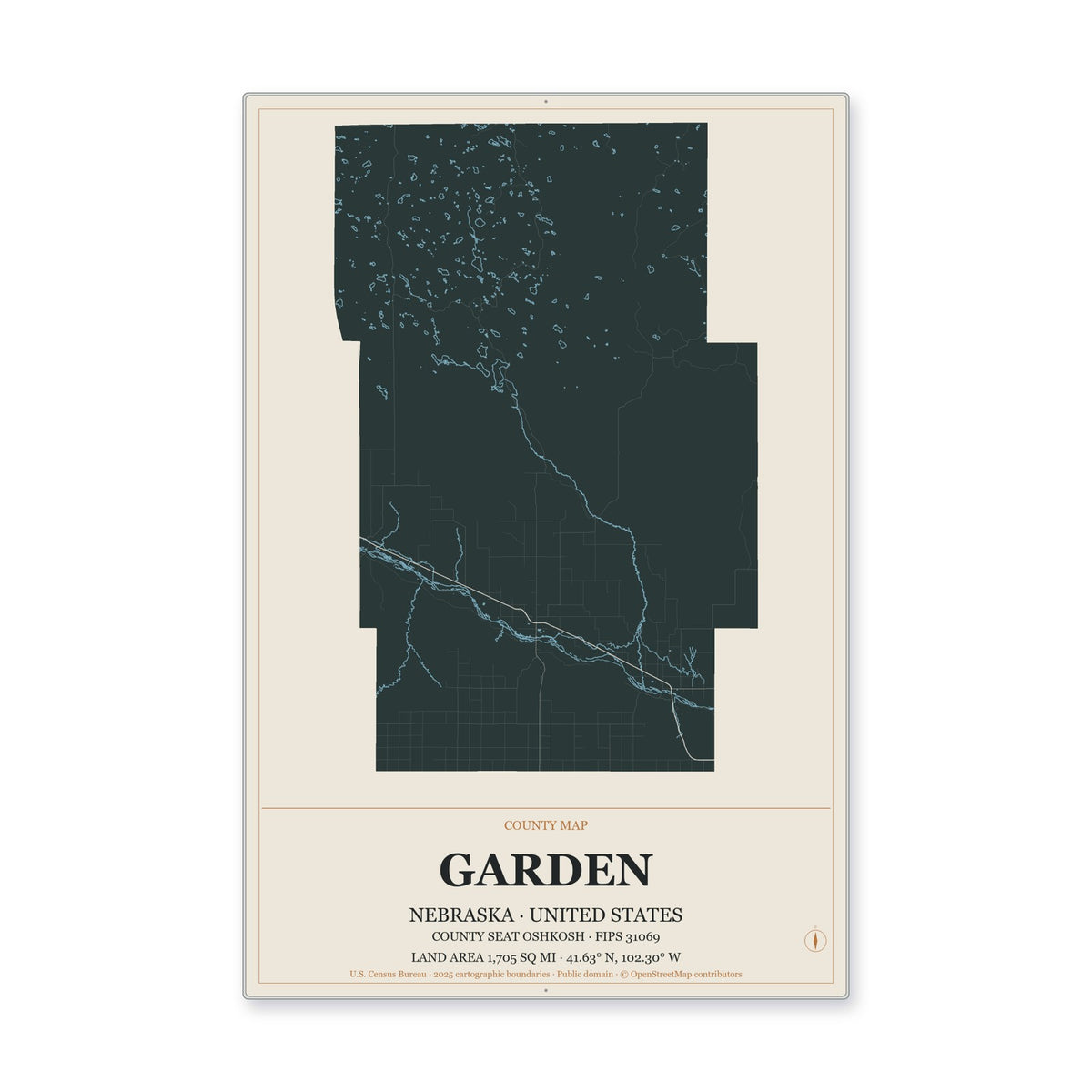 Garden County, Nebraska Map Aluminum Sign in Headline Atlas style