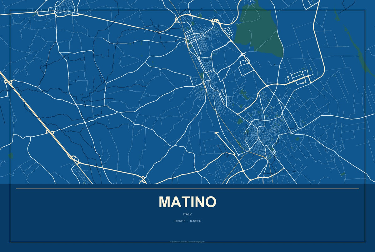 Matino, Italy City Map Aluminum Sign in Harbor Cobalt style