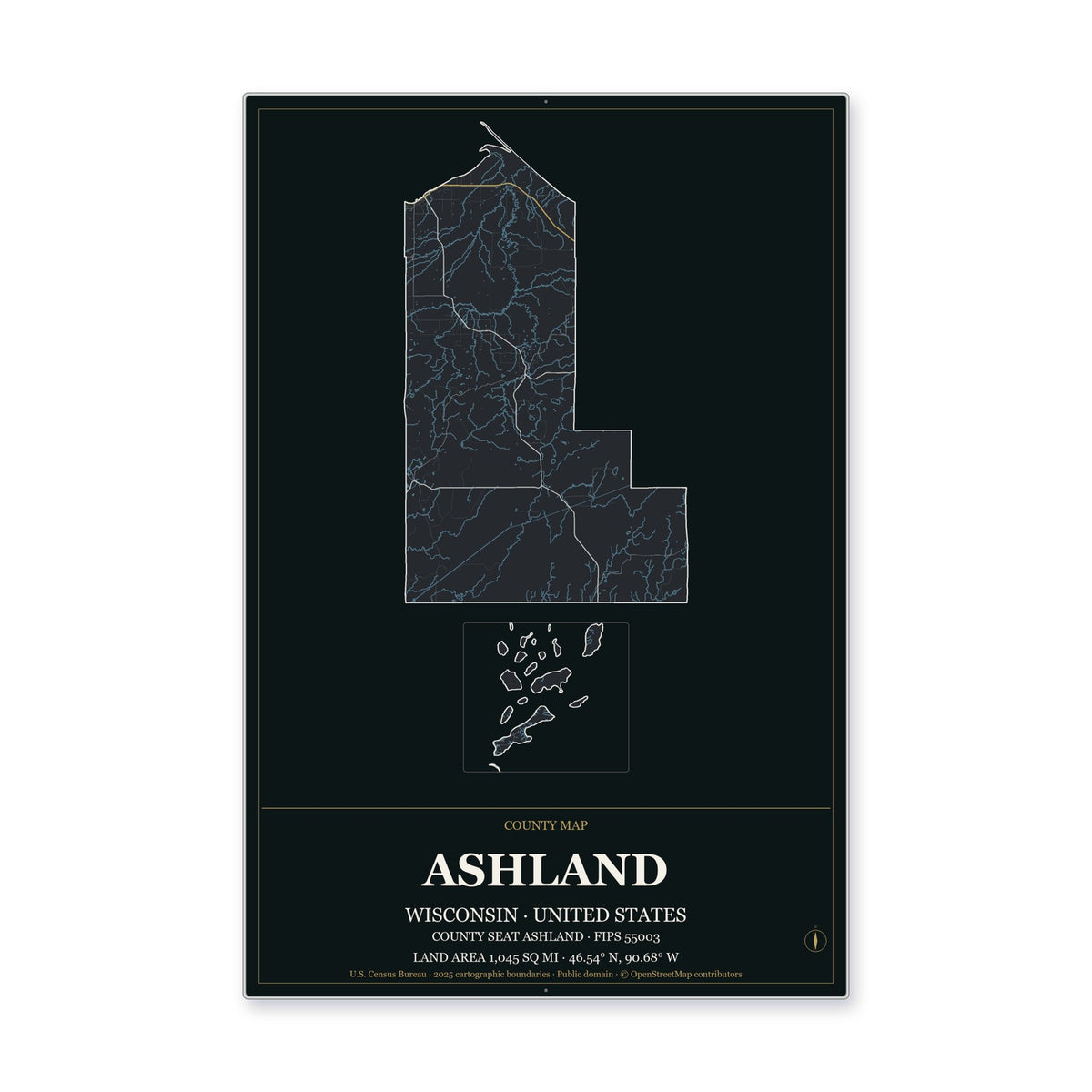 Ashland County, Wisconsin Map Aluminum Sign in Metropolitan Noir style