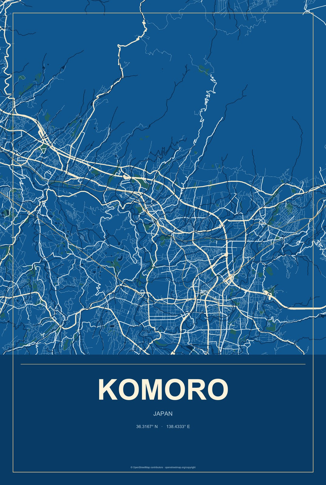 Komoro, Japan City Map Aluminum Sign in Harbor Cobalt style