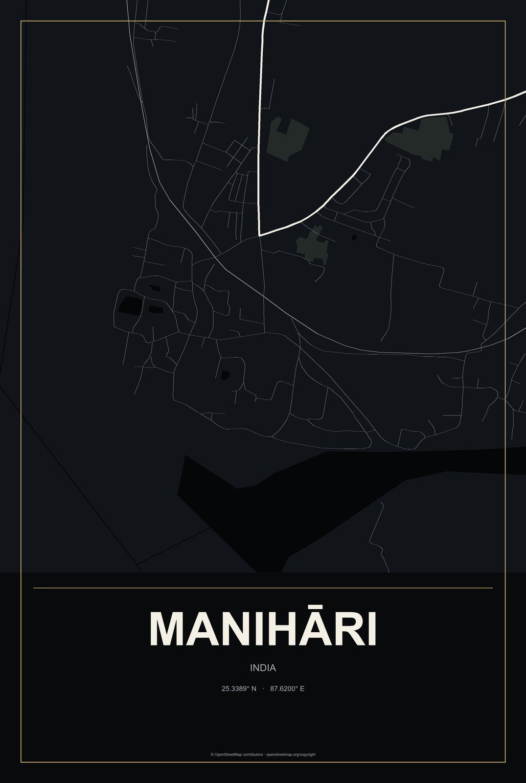 Manihāri, India City Map Aluminum Sign in Metropolitan Noir style