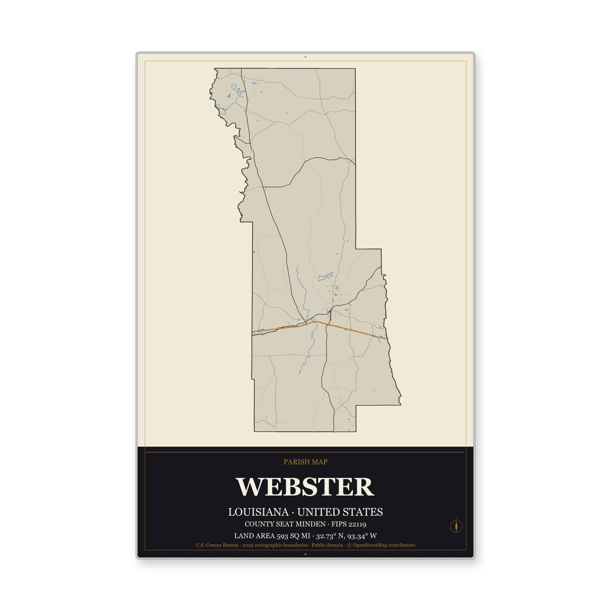 Webster Parish, Louisiana Map Aluminum Sign in Museum Plaque style