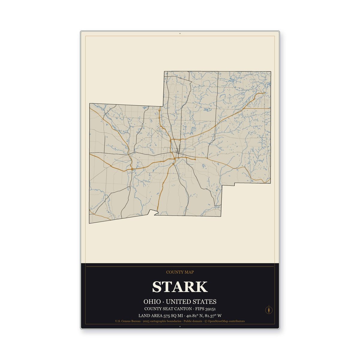 Stark County, Ohio Map Aluminum Sign in Museum Plaque style