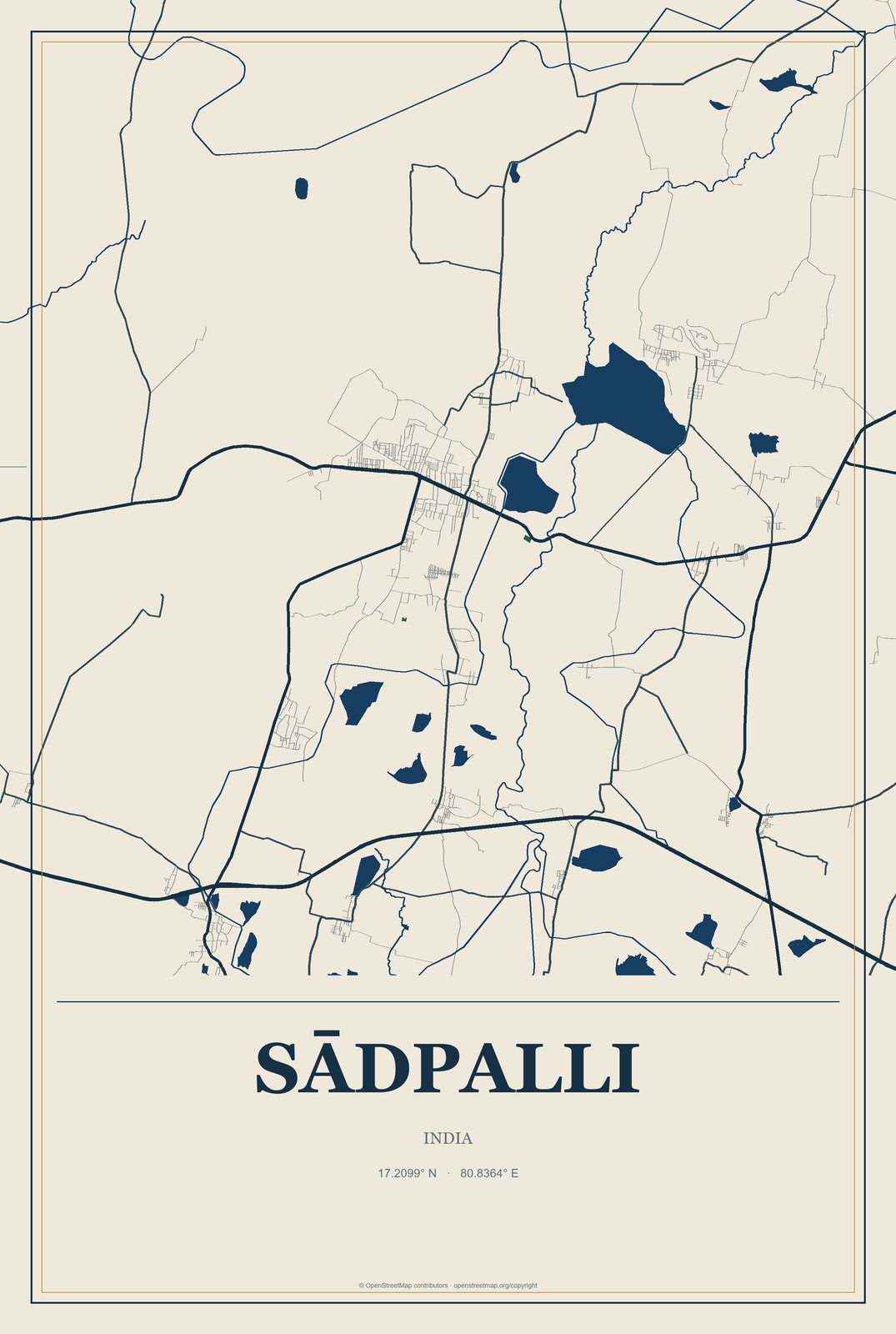 Sādpalli, India City Map Aluminum Sign in Coastal Cutout style