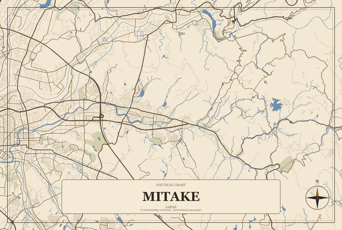 Mitake, Japan City Map Aluminum Sign in Heritage Nautical style