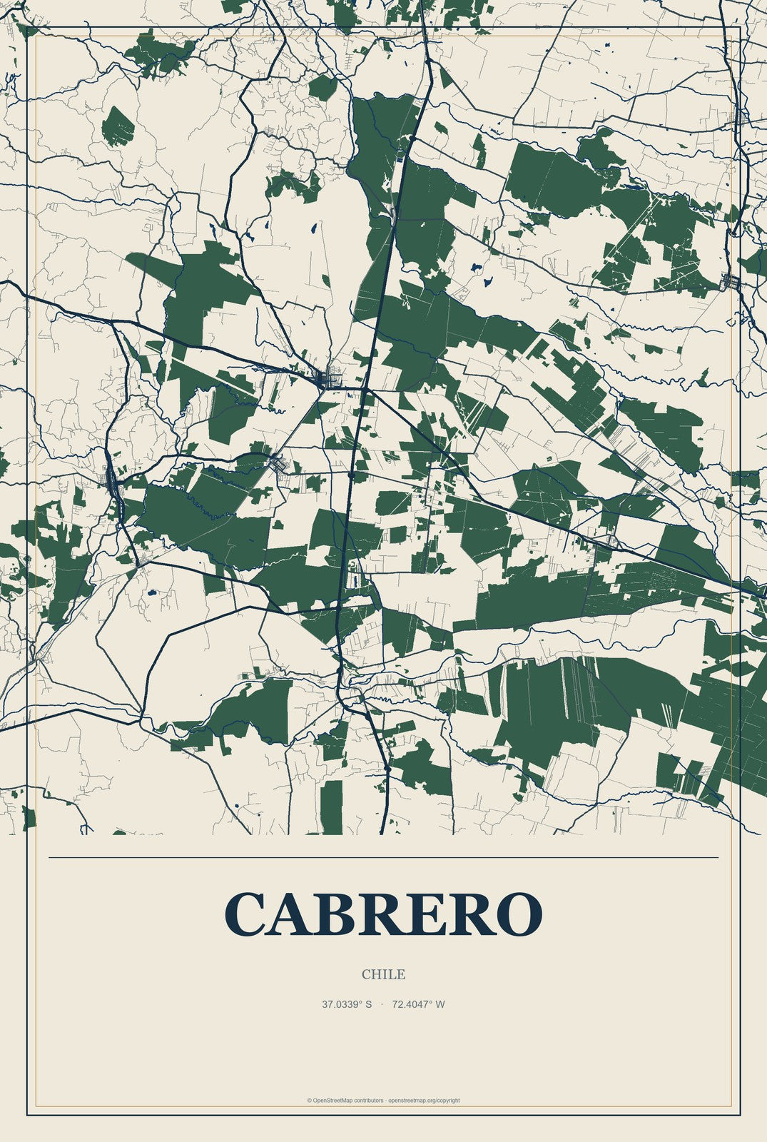 Cabrero, Chile City Map Aluminum Sign in Coastal Cutout style