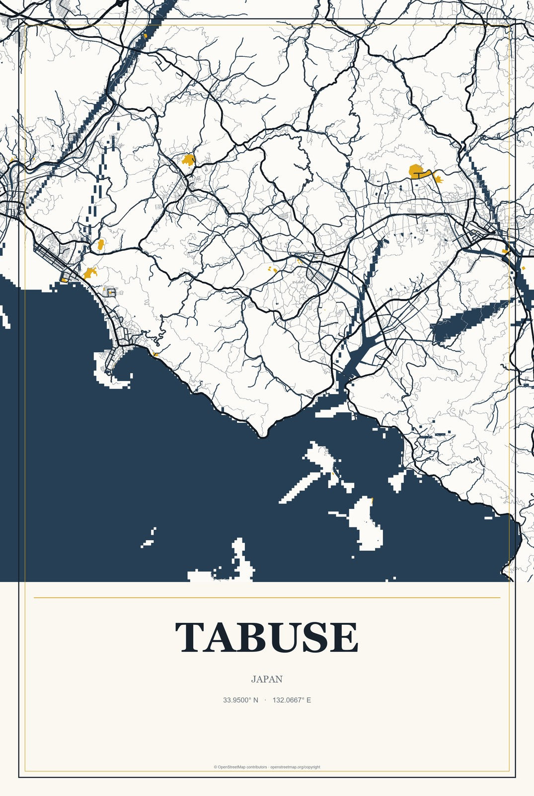 Tabuse, Japan City Map Aluminum Sign in Citrine Modern style