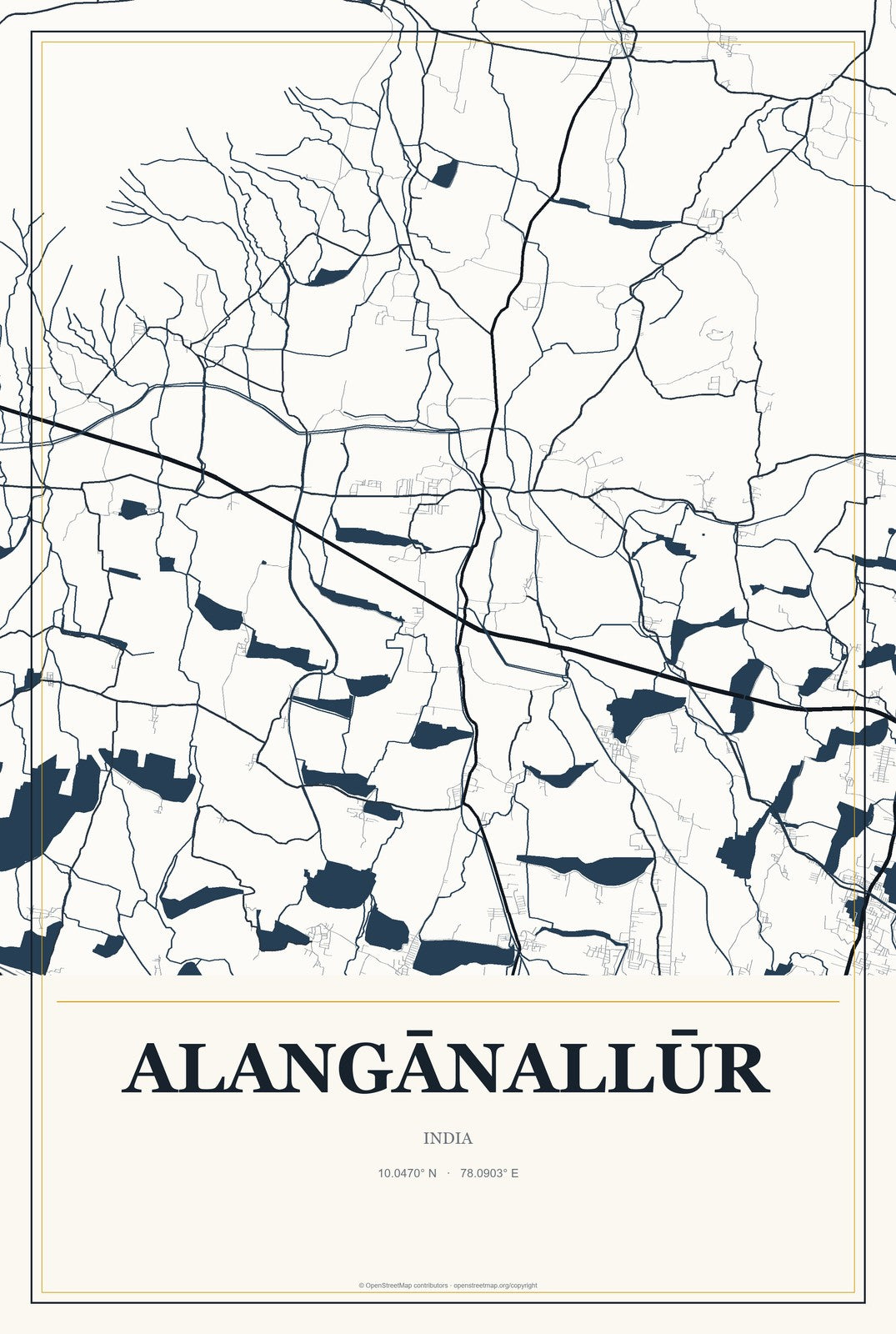 Alangānallūr, India City Map Aluminum Sign in Citrine Modern style