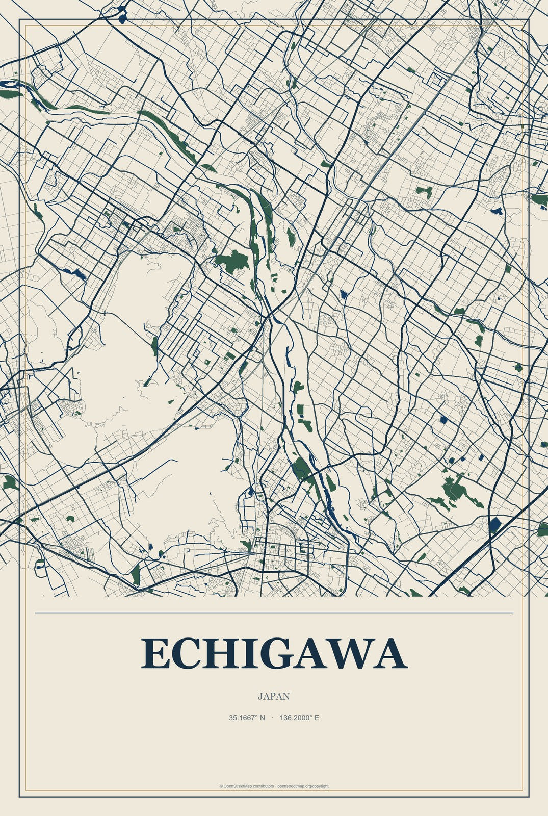 Echigawa, Japan City Map Aluminum Sign in Coastal Cutout style