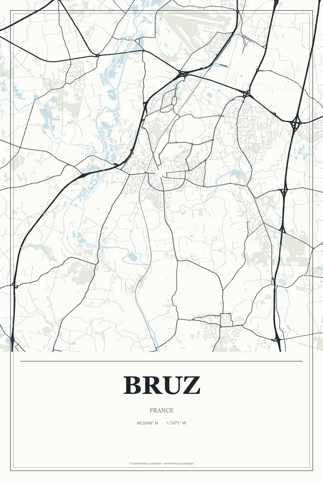 Bruz, France City Map Aluminum Sign in Gallery Air style